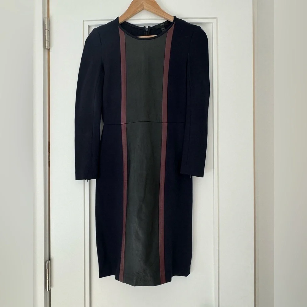J.Crew Faux Leather Panel Sheath Dress Size 00 Black Bodycon Work Office Chic